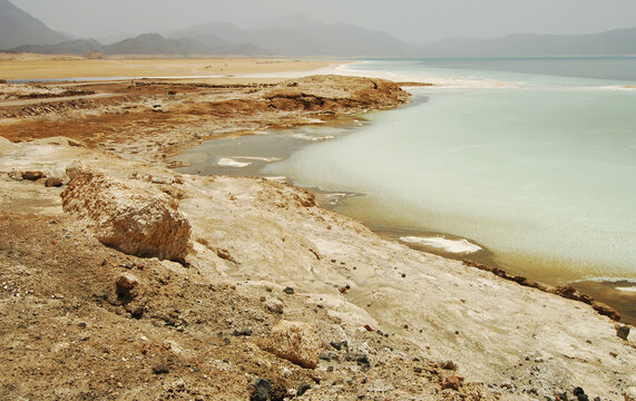 Djibouti, Inland, view on saline lake Assal, lowest point in Africa