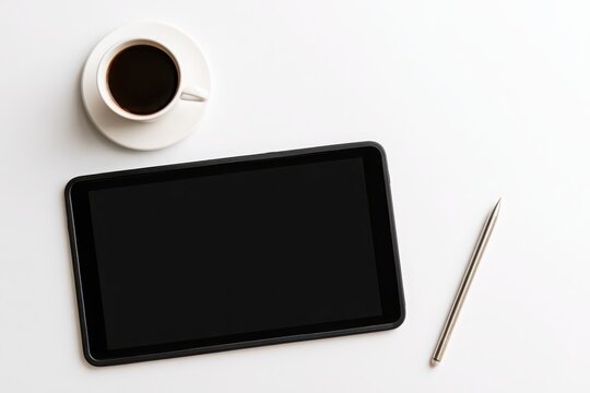 Minimal white desk with blank digital tablet, coffee cup, pen, ideal for app, website, or branding mockups.