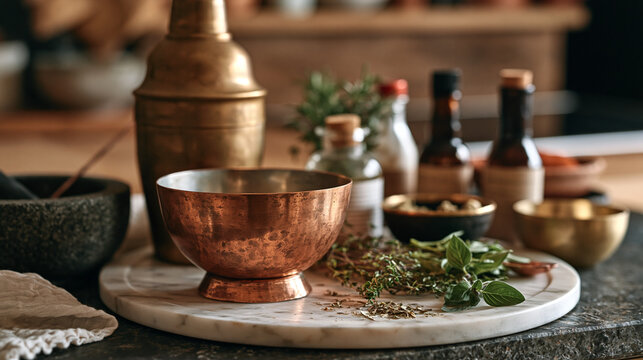 A copper-patina cocktail shaker sits on a modest home kitchen counter beside muddled herbs and handmade bitters bottles, moody low evening light, symbolic of artisan bartending