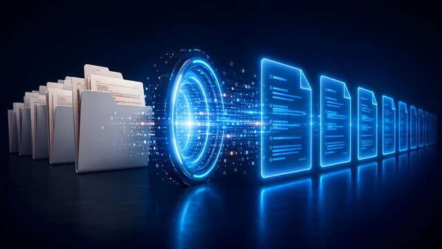 Seamless digital transformation of physical documents into glowing electronic data, illustrating efficient file conversion and secure information flow.