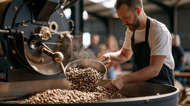 A coffee roaster scoops freshly roasted single origin beans from a rotating drum on an overcast industrial morning, a family observing a museum style roastery tour in the