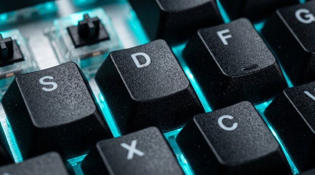 Close-up of a black keyboard with glowing cyan backlighting and visible switches