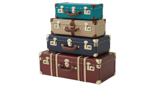 Stack of four colorful vintage suitcases isolated on white background