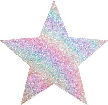 Glittering star cutout showcasing a pastel holographic rainbow effect. Perfect as a versatile sticker design element for children's crafts. Retro collages