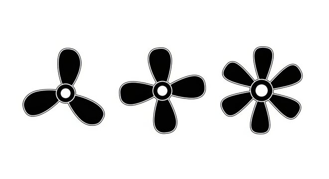 Set of three black propeller icons with 3, 4, and 6 blades isolated on white background for marine industrial design
