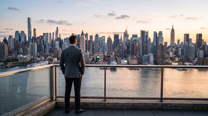 Plakat Man in suit looking at cityscape, symbolizing ambition, success, and urban exploration at dusk