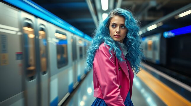 Stylish young woman with wavy blue hair in a pink jacket posing in a subway station