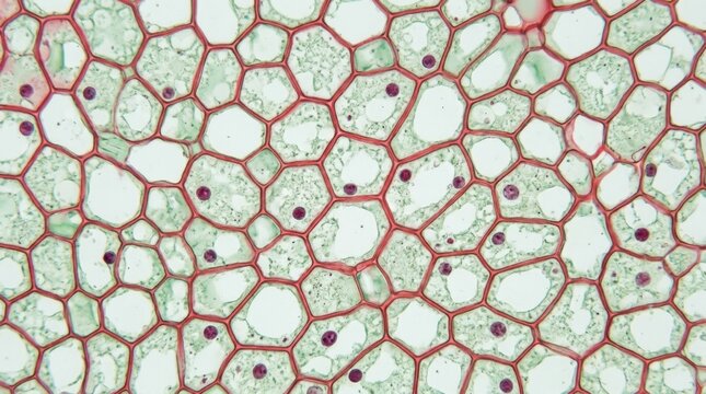 Microscopic view of plant cells with red cell walls and visible nuclei in a botanical structure