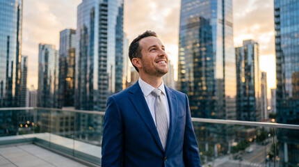 Fototapeta premium Man in blue suit smiles looking up at city skyline at sunset, symbolizing success, ambition, and urban lifestyle
