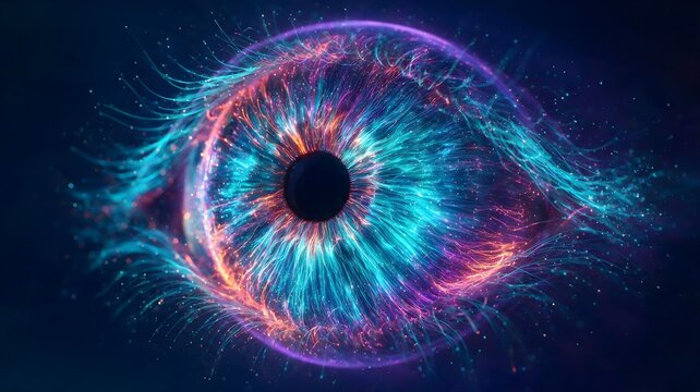 Intense cyan glowing cybernetic eye featuring complex fractal patterns radiating from a bright central core conceptualizing highly advanced optical recognition and machine processing.