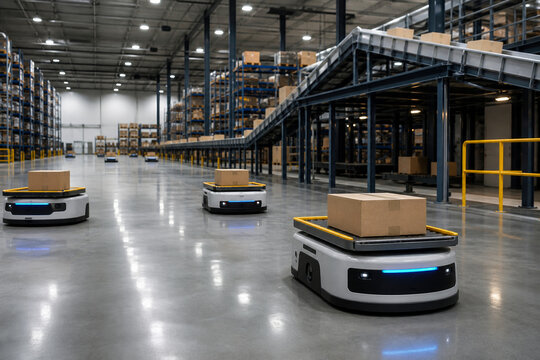 Collaborative warehouse robots sorting parcels in a vast logistics center