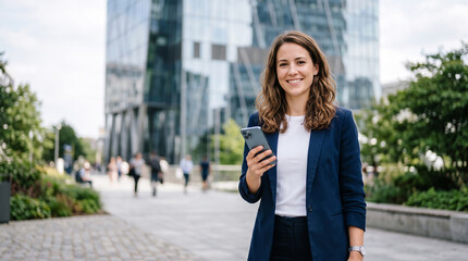 Fototapeta premium Woman with a smartphone stands before modern architecture, symbolizing urban professionalism and digital connectivity, ideal for business themes