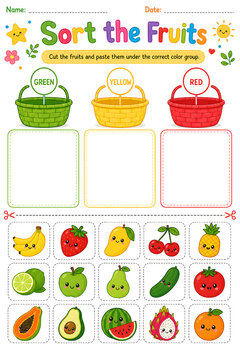 Preschool Fruit Color Sorting Cut and Paste Worksheet