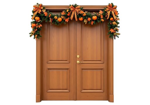 Decorated wooden double doors with holiday garland