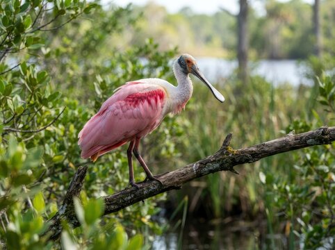 A roseate spoonbill standing on a weathered tree branch in a natural wetland habitat with lush green vegetation and water in the background.