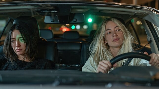 Deux jeunes femmes silencieuses conduisent une voiture dans les rues de la ville la nuit