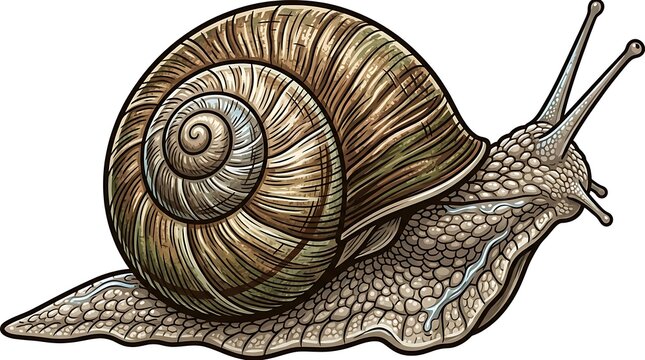 Detailed snail illustration with spiraled shell and textured body