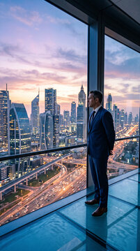 Man in suit looking out at city skyline at sunset, symbolizing ambition, success, and urban life, perfect for business or travel themes