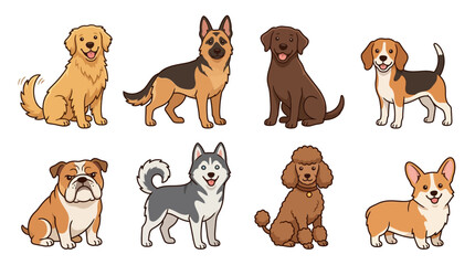 Obraz premium Cute Dog Breed Collection Vector Set Featuring Labrador, Golden Retriever, German Shepherd, Beagle, Poodle, Bulldog and Husky