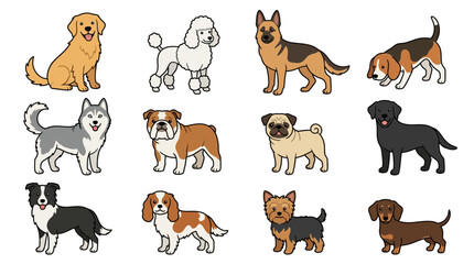 Obraz premium Cute Dog Breed Collection Vector Set Featuring Labrador, Golden Retriever, German Shepherd, Beagle, Poodle, Bulldog and Husky