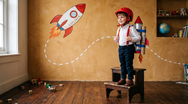 Young boy in a red helmet and rocket backpack, standing on a stool, symbolizing imagination, dreams and childhood adventure