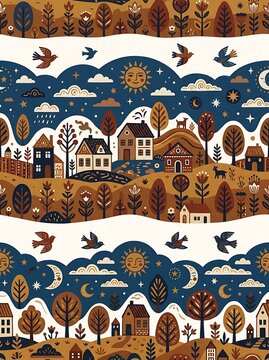 Folk art village seamless pattern with houses trees sun and moon