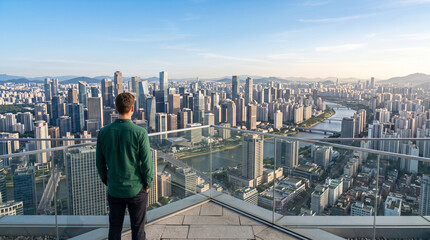 Plakat Man overlooking a dense urban cityscape with high-rise buildings and a river, symbolizing ambition, success, and the vastness of city life.