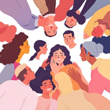 Group of diverse people sitting in circle viewed from above symbolizing community support unity connection and togetherness illustration design