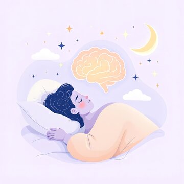 Sleeping person under blanket with glowing brain stars clouds crescent moon pastel background symbolizing dreams rest and cognitive processes