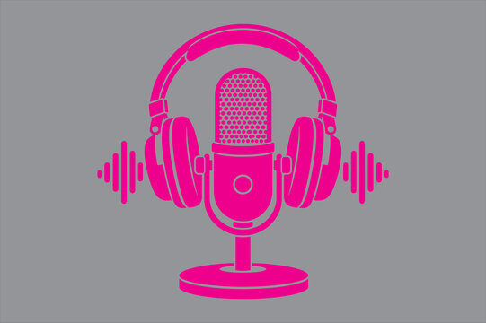 Pink podcast microphone and headphones icon graphic with microphone, headphones