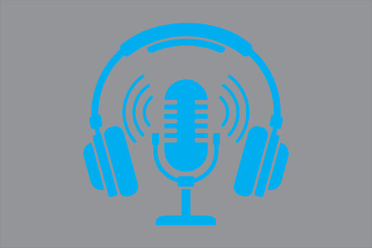 Blue podcast microphone and headphones icon graphic with microphone, headphones