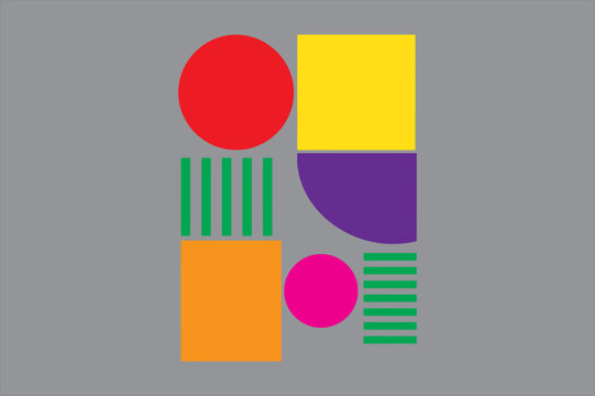 Abstract geometric composition with colorful shapes and striped patterns