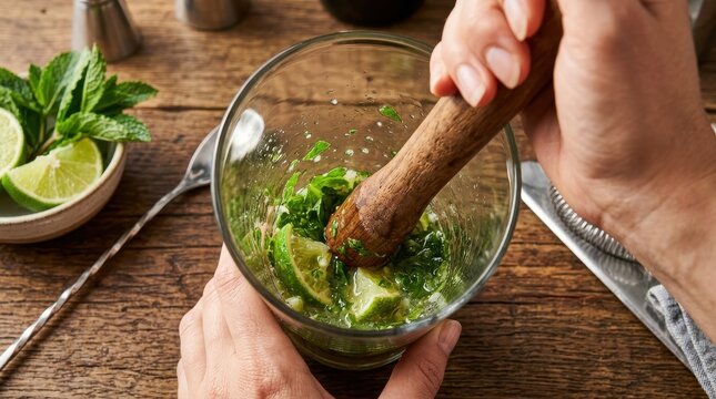 Person muddling fresh mint leaves and lime wedges in a glass for a refreshing mojito cocktail on a wooden table