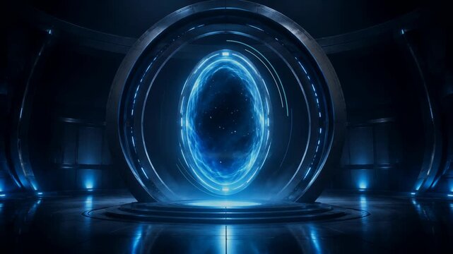 Futuristic Blue Energy Portal in a Dark Science Fiction Chamber