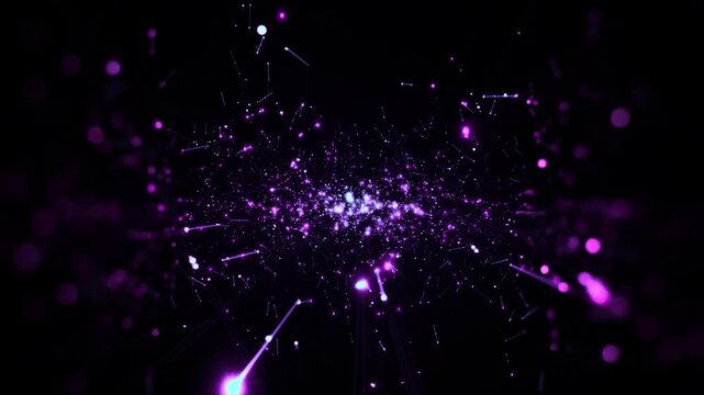 Purple glowing particles floating in deep dark space motion footage displaying cosmic energy and digital stardust clusters drifting slowly through a mysterious void of infinity and darkness while crea
