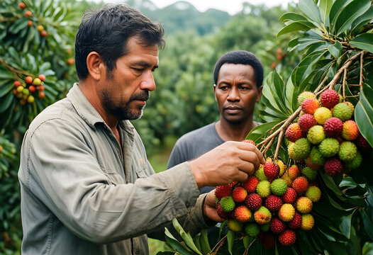Two male farmers harvesting fresh rambutan fruit from a tree in a tropical orchard, agriculture and sustainable farming, the men are carefully picking