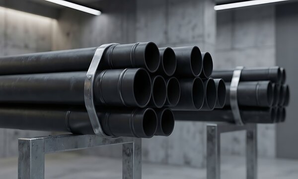 Detailed close-up photograph of robust black insulated pipes securely supported by sturdy metal brackets in a modern.