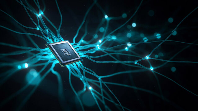 Modern computer processor chip surrounded by futuristic glowing neural network connections illustration