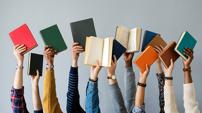 Group of hands holding colorful books and open pages up in the air against a plain background.