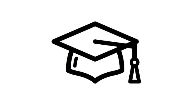 Black and White Graduation Cap Line Art Icon, Academic Mortarboard Symbol for Education and Success