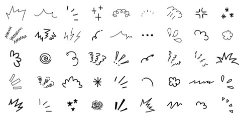 Set of hand drawn comic expression lines, doodle emotion symbols, and burst accent marks isolated on white background. Manga graphics ideal for banners, stickers, and social media. © Jennie