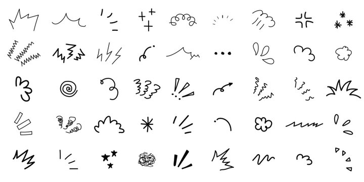 Set of hand drawn comic expression lines, doodle emotion symbols, and burst accent marks isolated on white background. Manga graphics ideal for banners, stickers, and social media.