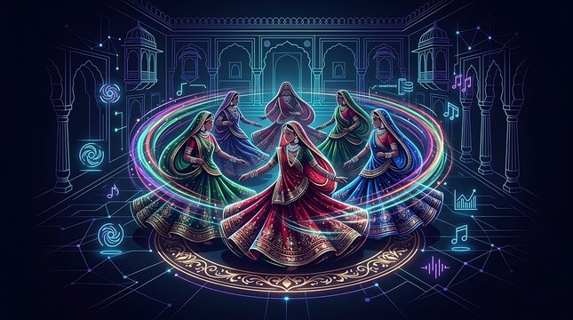 Vibrant neon illustration of indian women in traditional folk dance