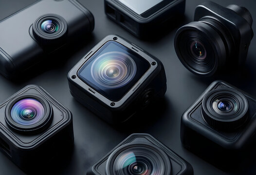 Multiple black action cameras and dashcams with visible lenses arranged on a dark surface, technology and surveillance equipment