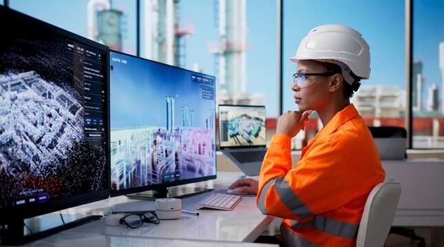 Young Male Operator Monitors Real-time Nuclear Plant Data On Desktop Screen.