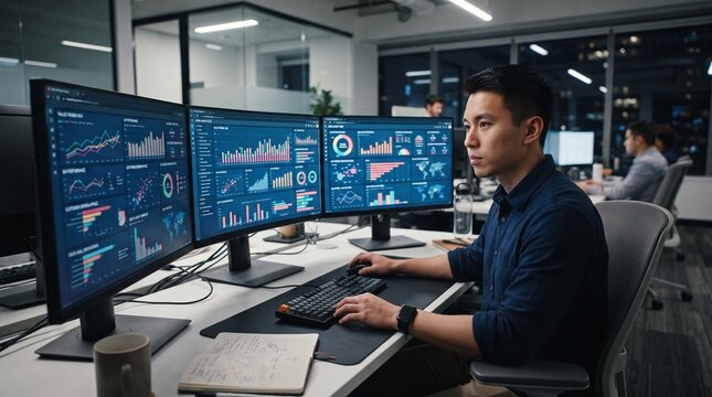 Data analyst analysing statistical charts and data visualisations on multiple computer monitors.