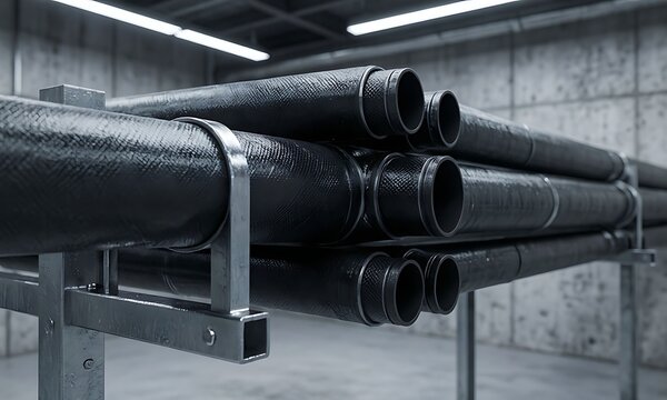 Detailed close-up photograph of robust black insulated pipes securely supported by sturdy metal brackets in a modern.