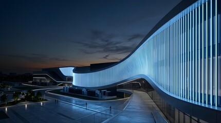 Fototapeta premium Modern architectural building with glowing blue neon lights at twilight