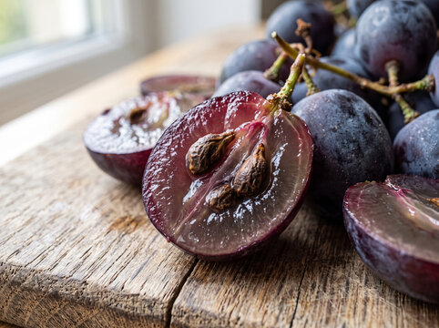 Sliced fresh dark red grape berry showing seeds and juicy pulp texture