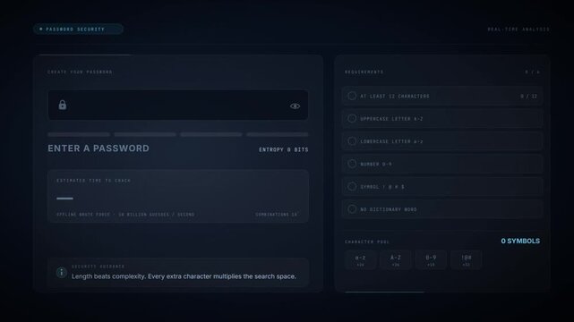 Password strength meter analyzing typed passwords from weak to strong with crack time estimate